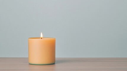 A single lit candle in a glass holder sits on a wooden surface against a plain light background.