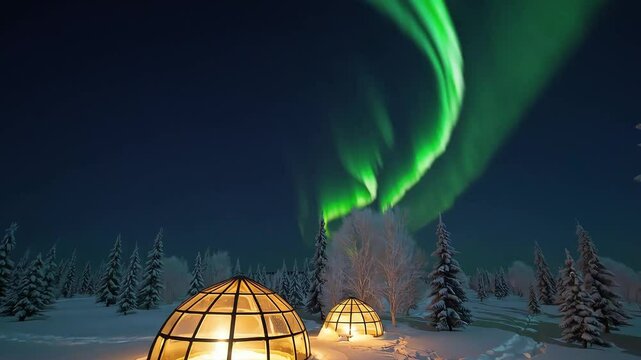 Stunning green aurora borealis dances above cozy glass igloos in a snowy forest under the night sky.