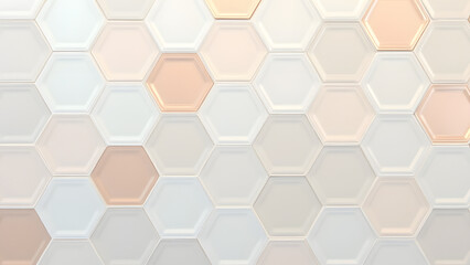 Hexagonal porcelain tiles in pastel copper, blue, and gray. Soft metallic sheen, seamless gradient, modern design, neutral lighting, high-resolution.