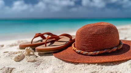 Sand, Beach, Flip Flops, Sun Hat, Tropical Vibes, Summer Relaxation, Vacation Essentials, Coastal Retreat