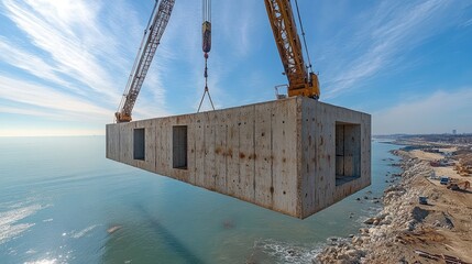 Coastal Construction: Crane Lifting Precast Concrete Section Over Ocean