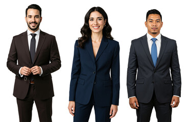 Three diverse young adult professionals, two men and one woman, wearing business suits and ties, standing confidently against a transparent background.