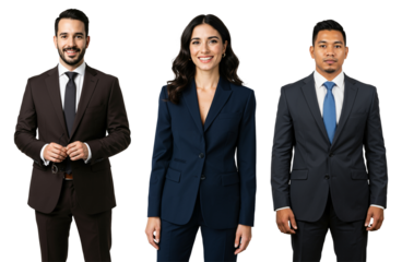 Three diverse young adult professionals, two men and one woman, wearing business suits and ties, standing confidently against a transparent background.