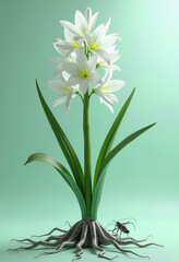 Fototapeta premium Futuristic 3D-rendered hyacinth made of silver metal and transparent glass, with insect-like crystal components and surreal organic forms. 