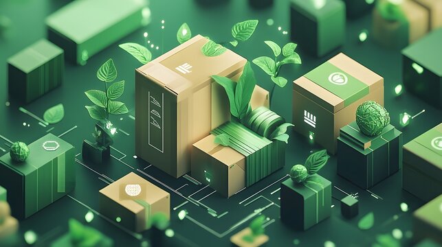 Sustainable packaging design concept with environmental symbols.