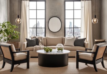Fototapeta premium Living Room Interior With Windows, Round Marble Coffee Table and Accent Chairs