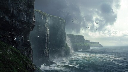 Dramatic coastal cliffs and stormy seas.