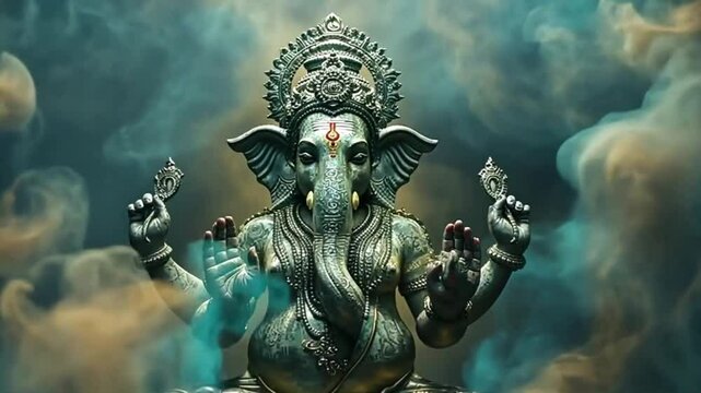 Lord Ganesha on a dark and smoky background