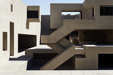 Obraz premium Modern architecture with concrete building and prominent stairs showcasing minimalist urban design and geometric structure with clean lines.
