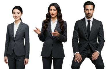 Three diverse business professionals, including an Asian woman, a Middle Eastern woman presenting, and a Caucasian man, posing in grey suits against a transparent background.