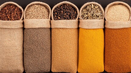 Burlap sacks filled with various colorful spices and seeds, neatly arranged side by side.