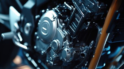 Fototapeta premium Close-up of a Sleek Motorcycle Engine: A Detailed View of Mechanical Precision