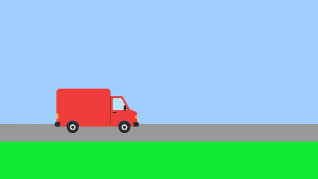 2D animation of a red delivery van driving from left to right on a road with green grass and a blue sky background. The clean and modern design makes it perfect for courier services, express delivery,