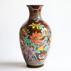 A dark brown ceramic vase adorned with vibrant floral designs in various colors, exhibiting a unique hand-painted style