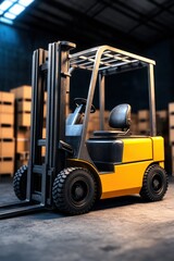 A yellow forklift stands in a dimly lit warehouse, ready for material handling tasks among stacked boxes. Industrial and robust