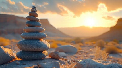 Obraz premium Balanced stones, a tranquil scene of the desert landscape.