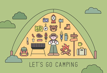 Cute illustration of camping essentials inside a tent. gear, BBQ, flashlight, compass, map, boots, and a happy little camper. Let’s go camping