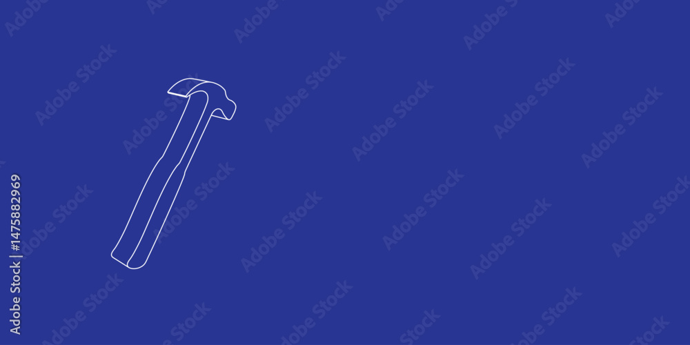 Poster the outline of a large hammer symbol made of white lines on the left. 3d view of the object in persp