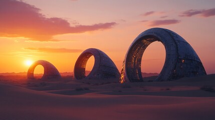 Abandoned megastructures and futuristic ruins covered in sand in dystopian desert landscape, post-apocalyptic movie scene in warm sunset light, vast emptiness and eerie silence