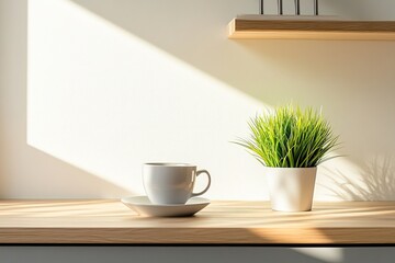 Minimalist workspace, coffee cup, potted plant, sunlight on wooden shelf and white wall