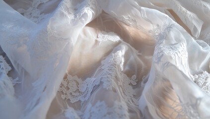 Close up of layers of delicate fabric with a lace trim in a swirl pattern
