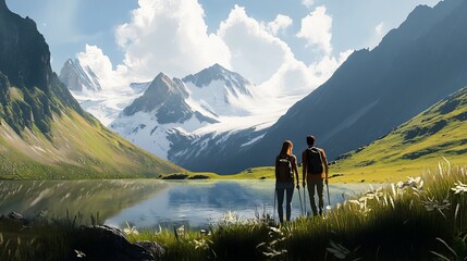 Admiring serene mountain lake scenery, a couple enjoy a outdoor excursion