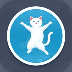 Whimsical illustration of a playful white cat posing joyfully against a vibrant blue background, perfect for pet-themed projects.