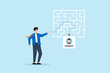 Flat illustration of human resource manager guiding candidate along dotted path through maze representing onboarding journey and recruitment process in corporate hiring