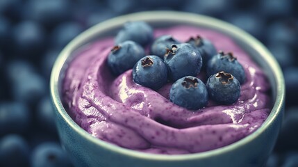 Close-up view of purple blueberry dessert in a bowl.
