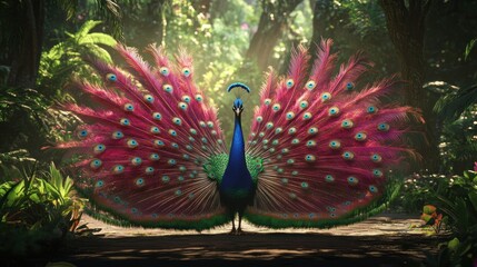 Obraz premium Majestic peacock displays vibrant plumage in a lush jungle