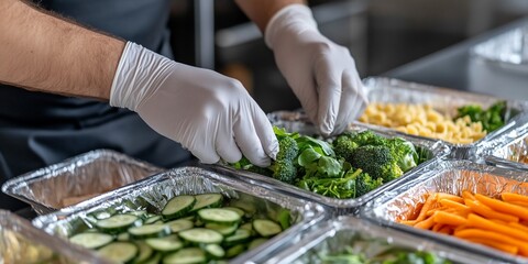 Food Prep Gloved hands arrange fresh vegetables in foil containers