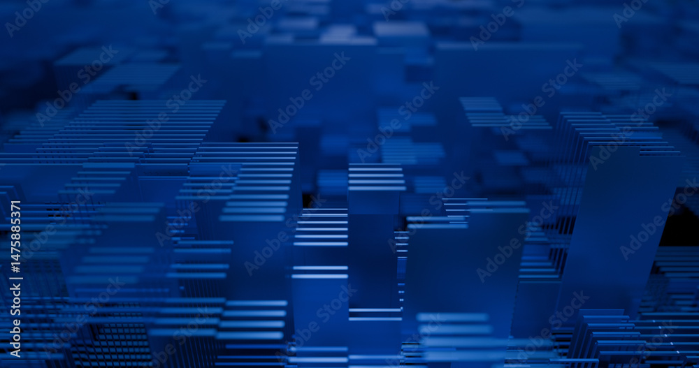 Poster futuristic abstract background with a geometric arrangement of blue block-like structures, conveying