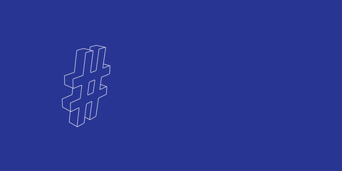 The outline of a large hash symbol made of white lines on the left. 3D view of the object in perspective. Vector illustration on indigo background