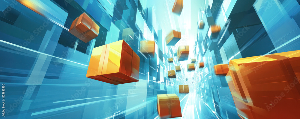 Poster a colorful image of a blue and orange background with many orange cubes scattered throughout. the cu