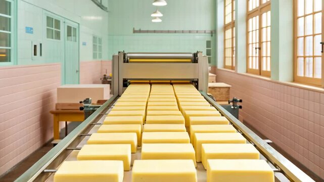Witness the meticulous process of cheese production in a modern factory showcasing rows of freshly cut cheese blocks ready for packaging on a conveyor belt.