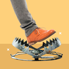 Man, stepping, bear trap, made, dollar, banknote, Trap, Dishonesty, Finance, Fraud, Stepping,...