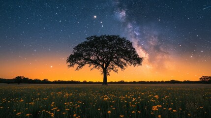 Obraz premium Solitary tree under a vibrant, starry night sky. Field of flowers glows with a warm, sunset hue