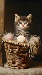 Kitten exploring a basket of wool
