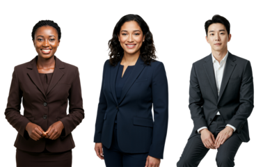 Studio portrait of diverse young adult business professionals smiling and looking at camera: a Black woman, a mixed-race woman, and an East Asian man in suits.