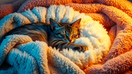 In the embrace of slumber, a feline friend finds solace upon a cloud of plush The blanket, a haven of warmth, cradles the cat in gentle repose A tapestry of serenity unfolds as the creature dreams