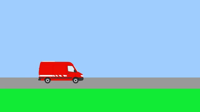 2D animation of a red delivery van driving from left to right on a road with green grass and a blue sky background. The clean and modern design makes it perfect for courier services, express delivery,
