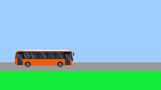 Animated Coach Orange Bus Driving Left to Right &ndash; Flat Style Highway Bus on Road with Blue Sky and Grass for Transportation, Travel, and Educational Videos