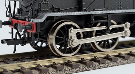 Fototapeta premium Detailed Close-up of a Vintage Model Train's Mechanism on Tracks