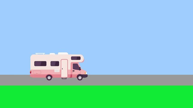 2D animation of a motorhome driving from left to right across a simple flat landscape with a blue sky and green ground. The clean, minimal side-scrolling style makes it ideal for travel-related conten