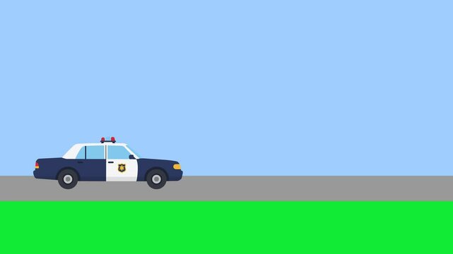 2D animation of a police car driving from left to right across a flat road with a blue sky and green grass. The side-scrolling cartoon style, educational videos, law enforcement topics, games,