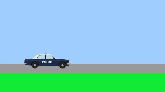 2D animation of a police car driving from left to right across a flat road with a blue sky and green grass. The side-scrolling cartoon style, educational videos, law enforcement topics, games,