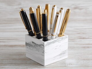 Elegant marble pen holder containing fountain pens in various colors on a white wooden surface