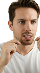 A fair-skinned man with brown hair and stubble is meticulously flossing his teeth with white floss against a plain background.