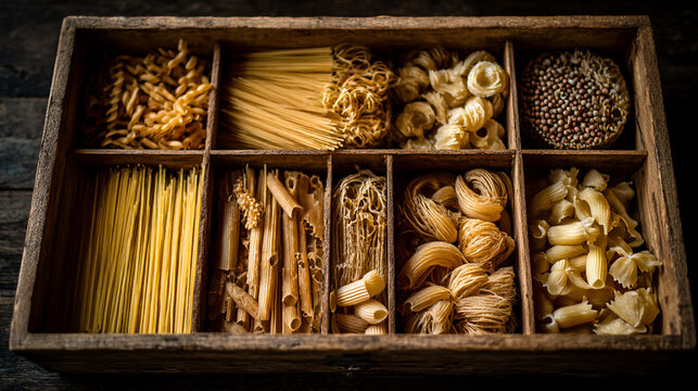 Assorted italian pasta varieties in wooden box for gourmet cooking and culinary arts projects