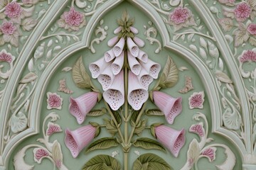 Ornate floral relief carving on a light green panel.